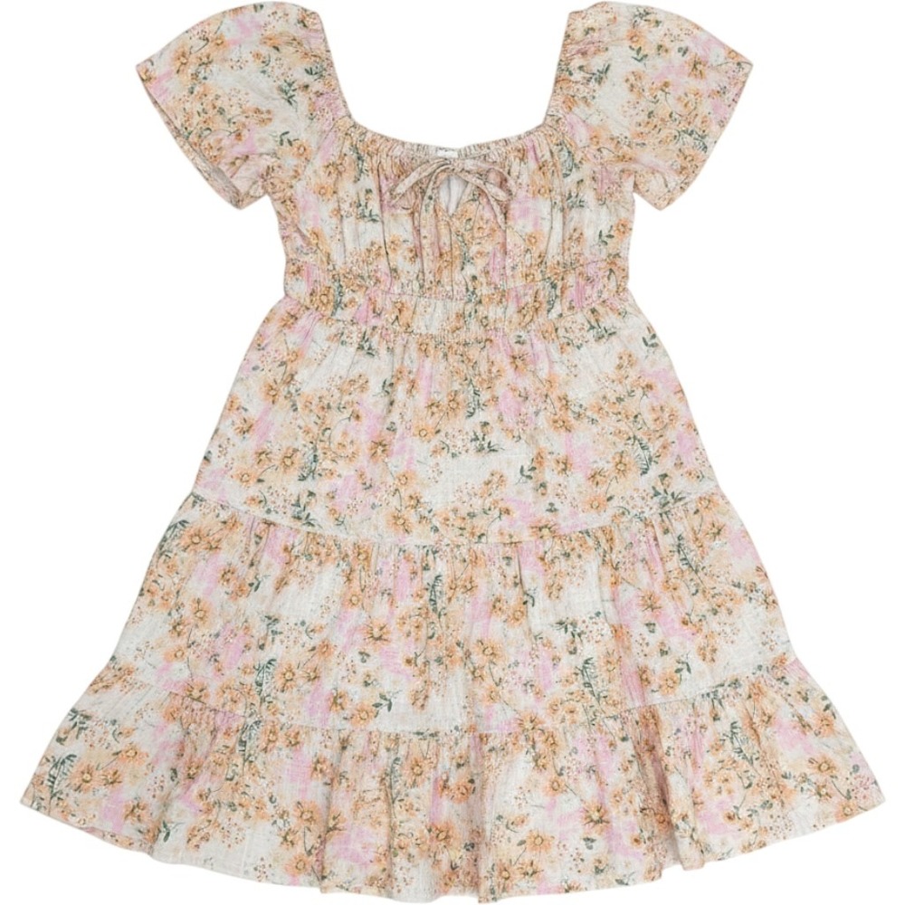 Arizona Jean Co Floral Mini Dress Womens XS Pink Orange Tiered Smocked Boho